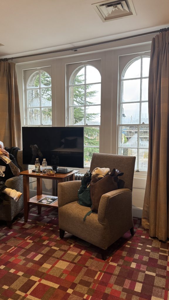 tv area in front of sash windows