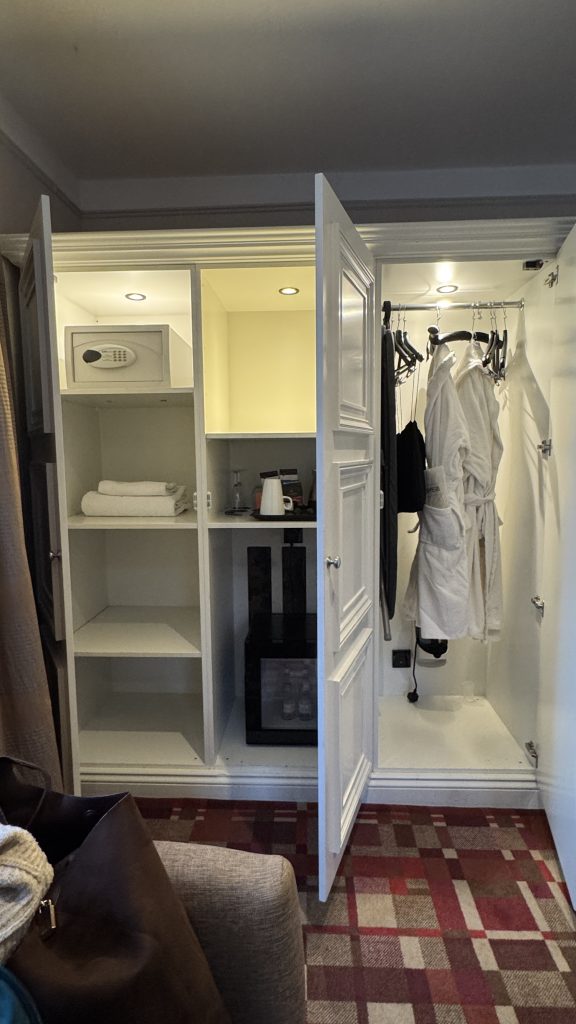 Organized hotel closet with amenities at hotel du vin tunbridge wells