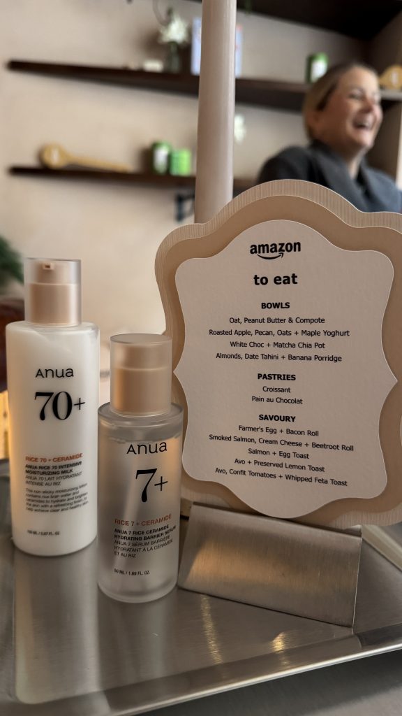 Skincare products and menu display.