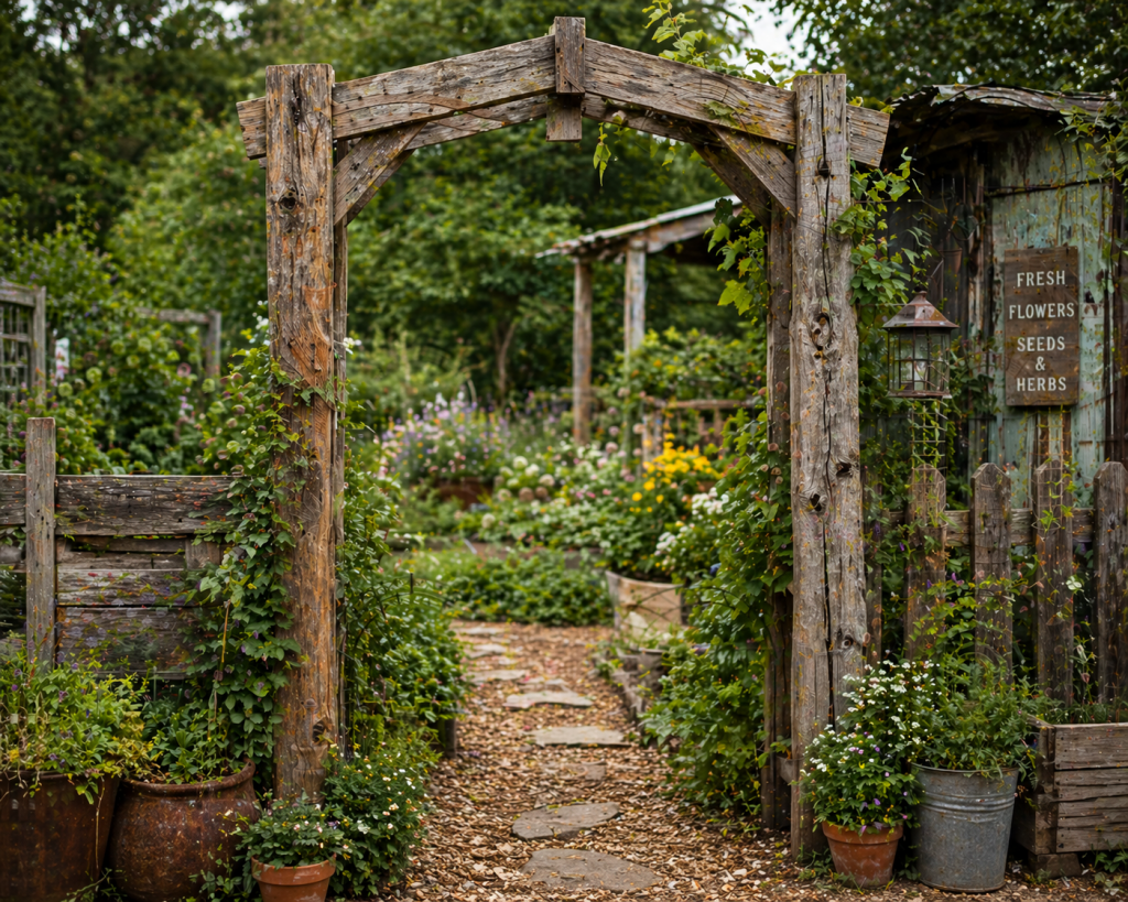 Backyard garden arch ideas - rustic wood