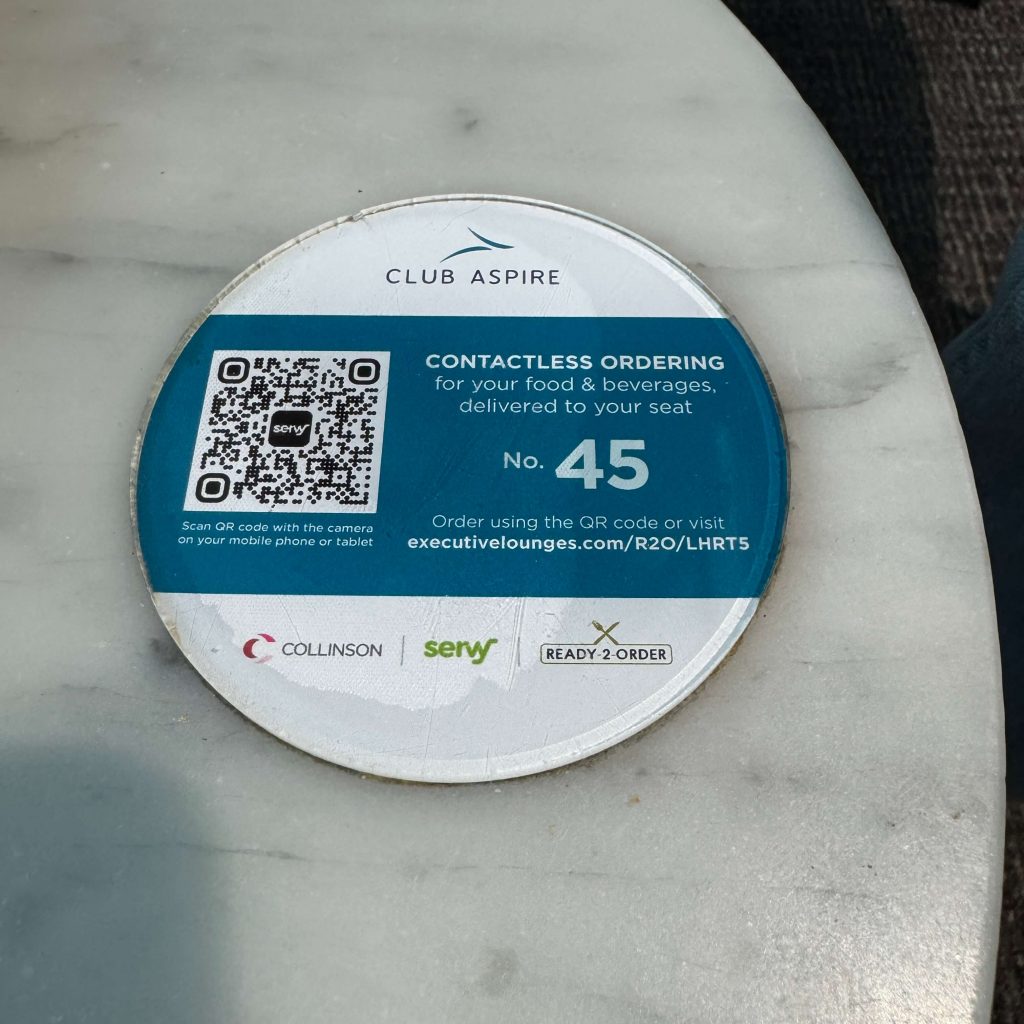 Club Aspire lounge LHR T5 QR ordering code for table service 