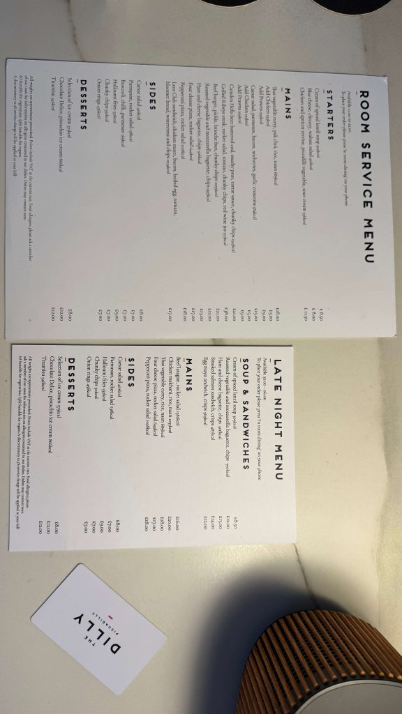 room service menus at the Dilly hotel london